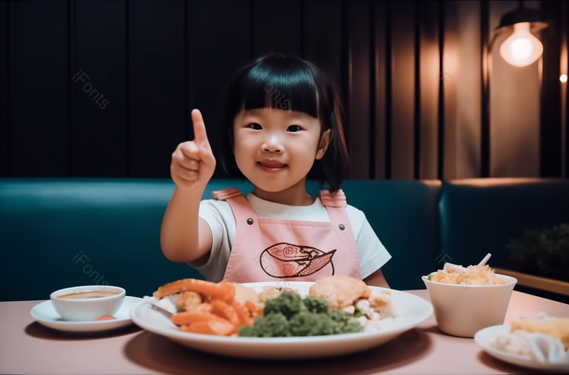 可爱的亚洲小女孩喜欢她的孩子套餐,在餐厅里用叉子吃自己的东西,同时用大拇指向上指,高清,摄影图,摄影图片,图片大全,摄影图免费下载